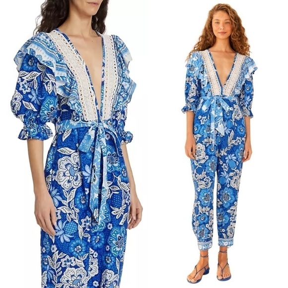 FARM RIO Linen Floral Paisley Puff Sleeve Ruffle Lace V-Neck Tie Belt Jumpsuit S - Picture 13 of 16